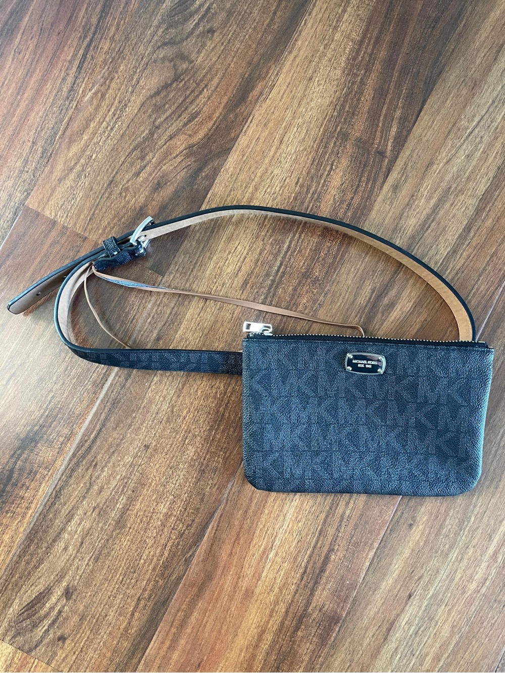 Michael Kors Black Logo Crossbody Wristlet with Tan Strap